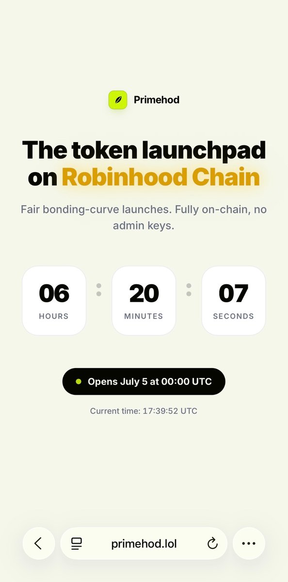 Primehod's tweet photo. Primehod opens July 5 at 00:00 UTC.

The token launchpad on Robinhood Chain. Fair bonding curve launches, fully on chain, no admin keys.

How to get started:

1. Bridge ETH to Robinhood Chain via https://t.co/hODBBYz4Bo
2. Go to https://t.co/tWWkF2RpMi and connect your wallet
3. Click Create, set your token name, symbol, and base fee
4. Confirm the transaction. Full supply mints instantly, no presale, no team allocation
5. Your token is live on the bonding curve immediately, tradable from day one

No admin can pause, blacklist, or remint your token. Liquidity has no withdraw path, ever.

More detail on the docs, you can read at https://t.co/rcVwi10DQE

https://t.co/tWWkF2RpMi
