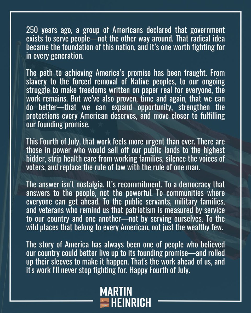 SenatorHeinrich's tweet photo. The story of America has always been one of people who believed our country could better live up to its founding promise—and rolled up their sleeves to make it happen. That's the work ahead of us, and it's work I'll never stop fighting for.  

Happy Fourth of July. https://t.co/hOOE9B0WzI