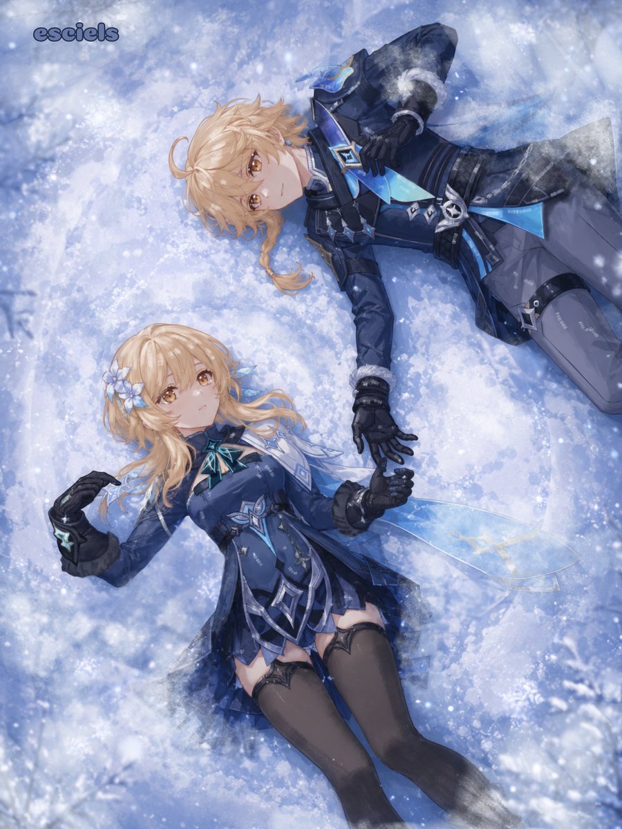 Escielss's tweet photo. Travelers' Snowy Dream ❄️ ​#GenshinImpact #Lumine #Aether #Snezhnaya #GenshinFanart #Travelers https://t.co/0ocMMdzuf2