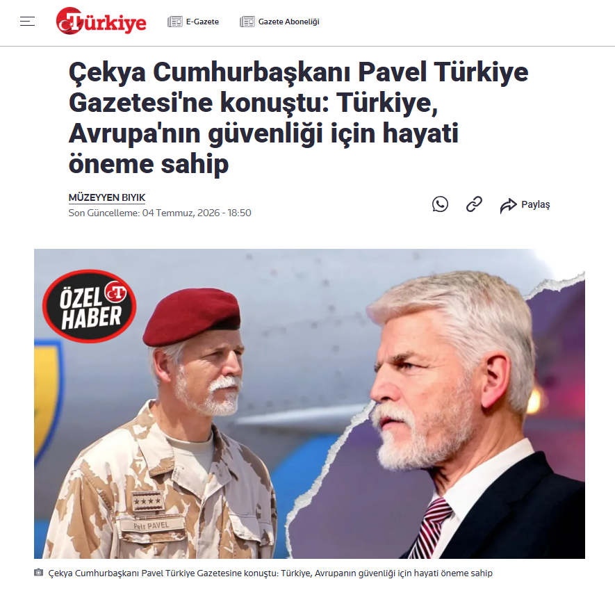 Posledniskaut's tweet photo. Prezident Petr Pavel na dotaz Türkiye Gazetesi, jaká je jeho hlavní výzva pro spojenecké země před summitem lídrů NATO, řekl: Moje poselství zní - Evropa musí převzít větší odpovědnost za svou obranu a bezpečnost. Nemůžeme už nadále předpokládat, že toto břemeno za nás ponesou jiní. Zároveň chceme, aby Spojené státy americké zůstaly pevně po našem boku, a očekávám, že spojenci znovu potvrdí, že pokračující podpora Ukrajiny má pro naši bezpečnost strategický a životně důležitý význam.
K dotazu, co očekává od summitu, jehož hostitelem bude Turecko, uvedl: Očekávám konkrétní pokrok v oblasti investic do obrany, posílení našeho obranného průmyslu a odstranění nedostatků v klíčových oblastech, jako jsou protivzdušná a protiraketová obrana a vojenská mobilita. Spolehlivou obranu nelze vybudovat pouze na základě výše výdajů. Očekávám, že summit v Ankaře prokáže odhodlání spojenců proměnit jejich závazky v konkrétní vojenské schopnosti. Kromě toho se již nyní těším, až se opět přesvědčím o proslulé turecké pohostinnosti a úspěších při organizování akcí na nejvyšší úrovni.
https://t.co/mITuoyaffk