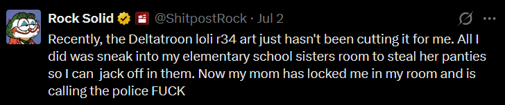 UTTPHECU's tweet photo. !!! ATTENTION !!!
This user, @ShitpostRock has been caught admitting to viewing CSAM and attempting to assault his younger sister.
REPOST THIS TO SHARE AWARENESS AND PROTECT THE SAFETY OF CHILDREN. https://t.co/cCd5ltGnd6