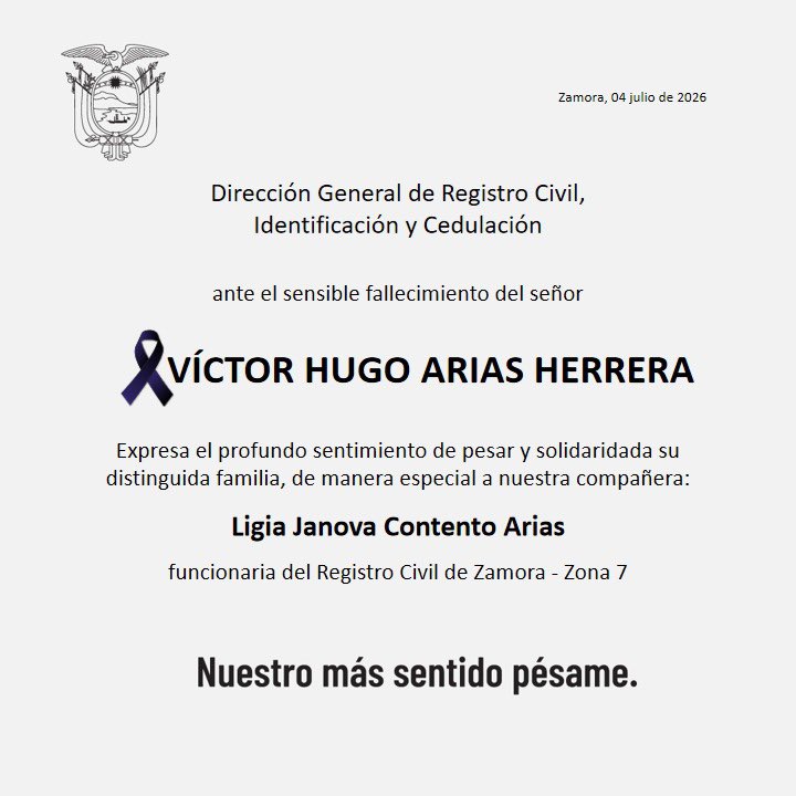 RCivil_Zona7's tweet photo. 🕊️Extendemos nuestra solidaridad y sentida nota de pesar al dolor que embarga a nuestra compañera, Janova Contento Arias - Funcionaria de agencia Zamora por el fallecimiento de su primo,Víctor Arias, nuestro sentimiento de pesar en estos momentos de dolor.

Paz en su tumba 💐 https://t.co/eRb4h4amX9