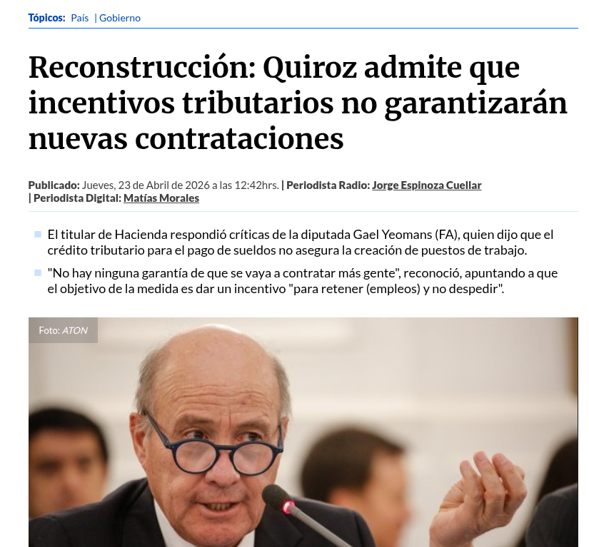 NicoVBravo's tweet photo. @jmanuelbengolea @dbravo_UC @__elmercurio es más esclarecedora la entrevista a Quiroz, donde reconoce que el plan de privilegios para los ricos no generará empleo. https://t.co/ISKHa9Sxhy