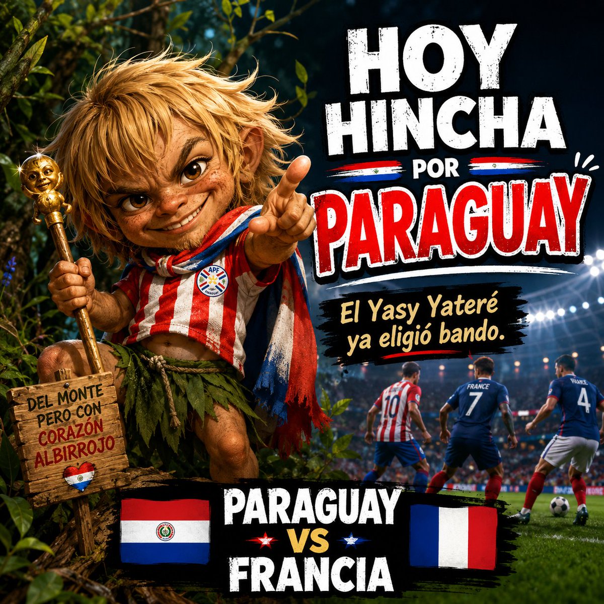 unmundolocoweb's tweet photo. El Yasy Yateré es un duende de la mitología guaraní: aparece en la siesta, con pelo rubio, silbido hipnótico y un bastón de oro.
Hoy no sale al monte.
Hoy hincha por Paraguay.
🇵🇾 #Paraguay #Francia #Mundial2026 #YasyYatere #JasyJatere #Albirroja #UnMundoLoco https://t.co/8wBeAb0F5z