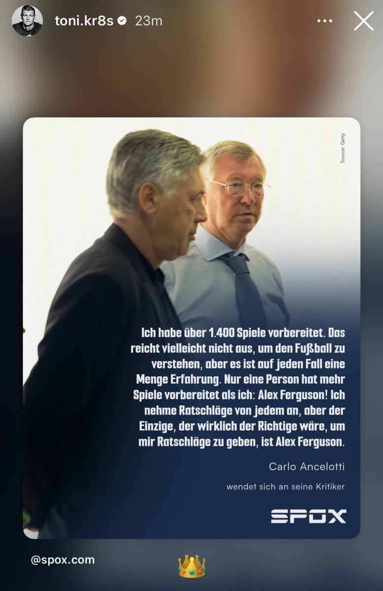 theMadridZone's tweet photo. 📲 Toni Kroos shares a quote by Carlo Ancelotti:

“I've prepared over 1,400 games. 

That might not be enough to understand football, but that’s definitely a lot of experience. 

Only one person has prepared more games than me: Sir Alex Ferguson! 

I'm open to advice from anyone, but the only person who would really be the right one to give me advice is Alex Ferguson.”

👑