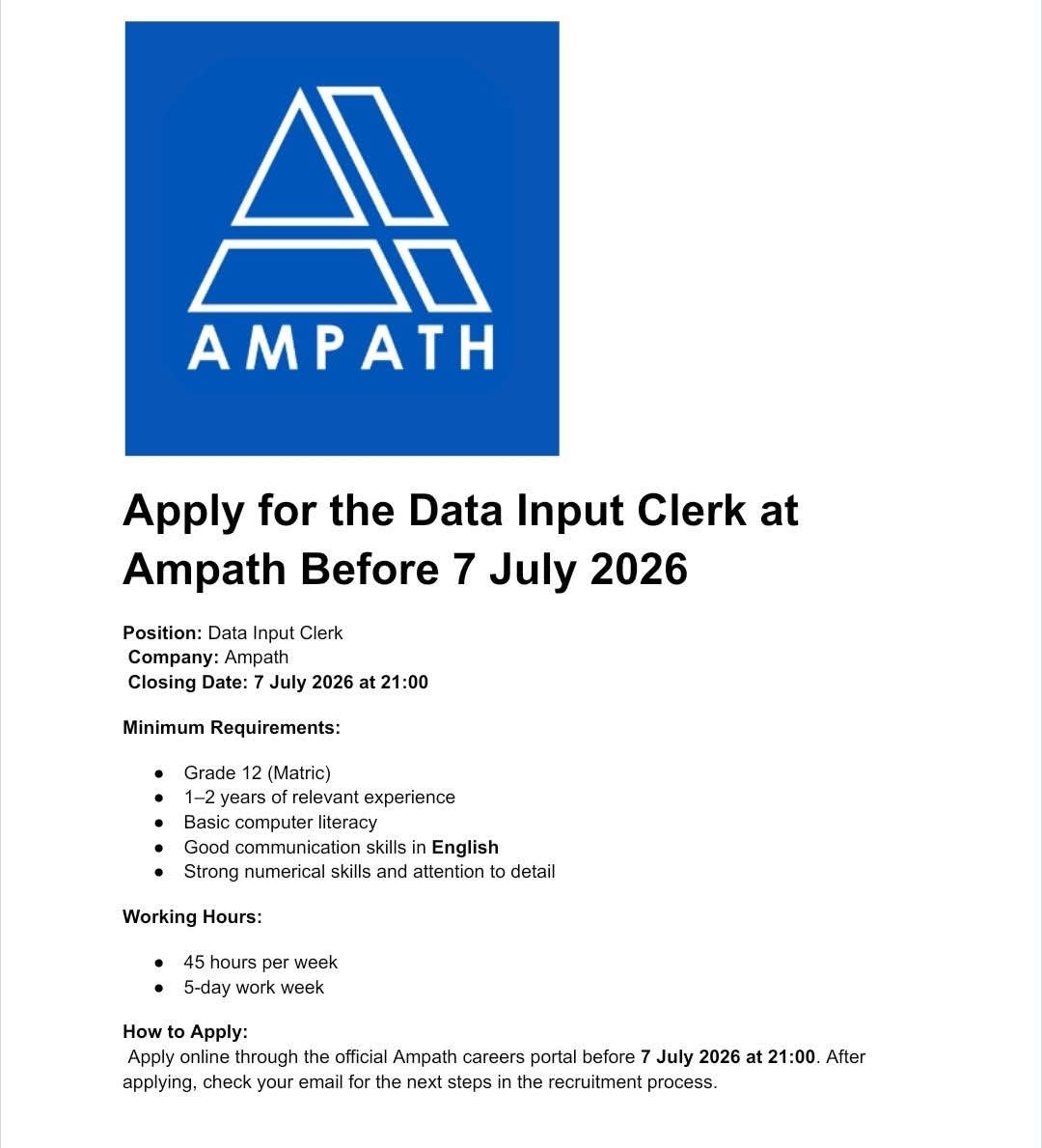 CarolBoitumelo1's tweet photo. Ampath is Hiring a Data Input Clerk – Apply Now!

✅ Grade 12 required
✅ 1–2 years' experience
✅ Basic computer skills
✅ English & Afrikaans communication skills

🕒 45 hours per week
📅 Closing Date: 7 July 2026 at 21:00

Note: Visit Their Official Site To Apply 

Full Details:https://t.co/SAT9Djpe5w