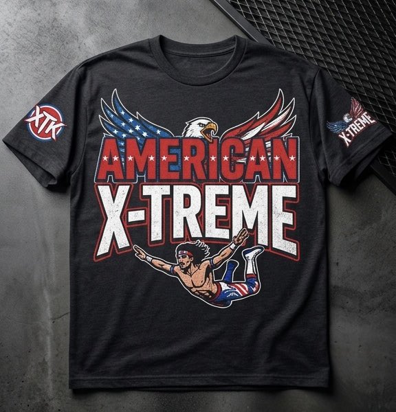 XTK1995's tweet photo. In celebration of July 4th and my big debut win at @UPRISINGFED Revolution , my first real merch in a while. Peep the exclusive 4th of July American X-Treme shirt. 👀 https://t.co/TZnVZLtREZ