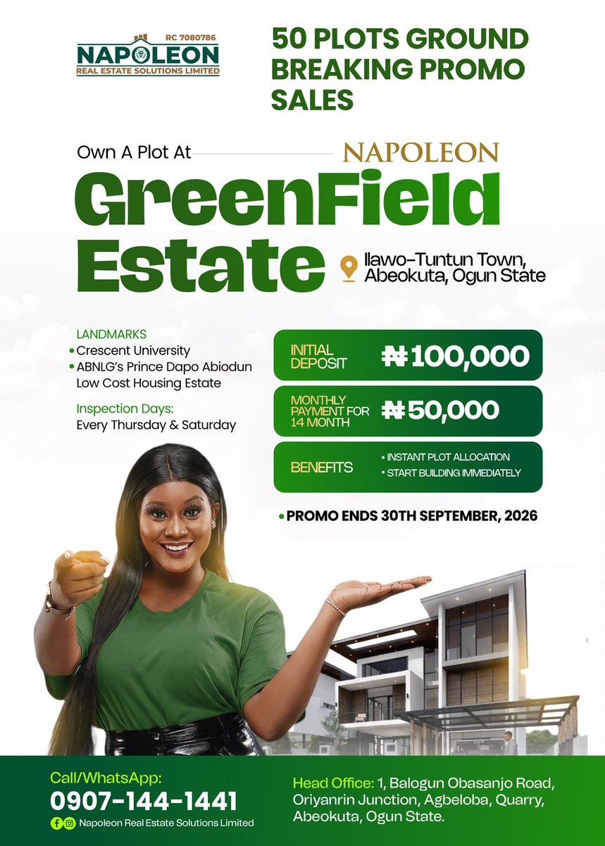 napoleonestate's tweet photo. 🤔OWN A PLOT OF LAND IN ABEOKUTA 🏡 

With an initial deposit of just ₦100,000, enjoy instant allocation, allowing you to begin your building project immediately at Greenfield Estate, Ilawo Tuntun, Abeokuta. 

Pay the balance conveniently at ₦50,000 monthly for 14 months. https://t.co/fsXUAarpb8