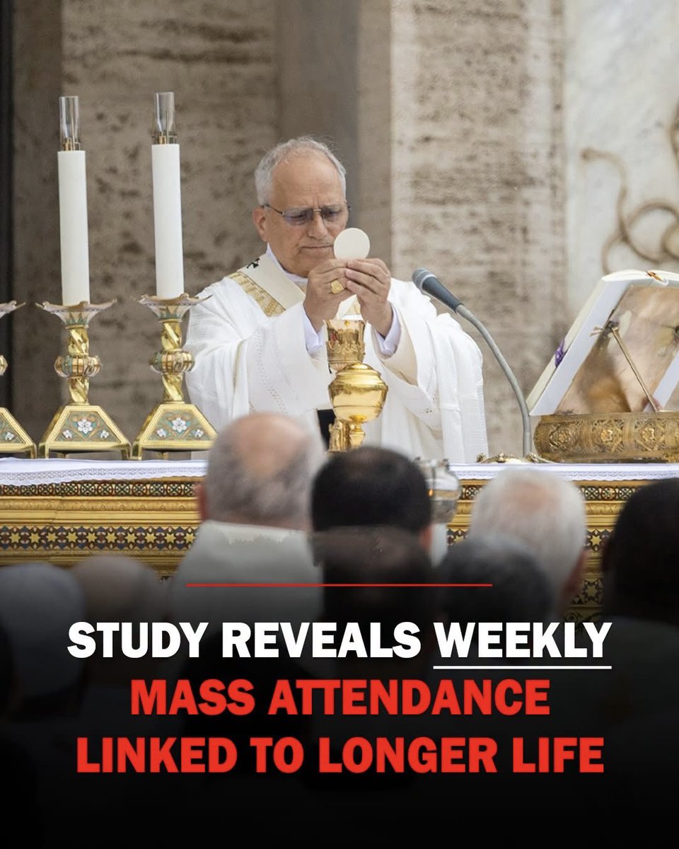 SecretFire79's tweet photo. “I AM the Bread of Life…(literally)”🇻🇦

In the Catholic Church, Holy Communion is first and foremost the Real Presence of Jesus Christ, the “medicine of immortality” as St. Ignatius of Antioch described it nearly 2,000 years ago. 

It unites us to Christ, forgives venial sins, and nourishes the soul with divine life.

Yet modern science is also revealing measurable benefits that align with regular participation in the Eucharist during Mass. Large-scale studies from Harvard T.H. Chan School of Public Health and other major research institutions have found strong correlations between frequent religious service attendance (which includes receiving Holy Communion) and improved health outcomes.

Key scientific findings include:

⬩ People who attend religious services at least once a week have a 26–33% lower risk of all-cause mortality compared to those who never attend.

⬩ Weekly attendance is linked to significantly lower rates of depression, anxiety, and suicide, along with greater life satisfaction, purpose, and social connection.

⬩ Regular participation is associated with healthier behaviors (lower smoking and heavy drinking) and better overall psychosocial well-being.

While these studies examine religious attendance in general, the heart of Catholic worship, the sacred encounter with Jesus in the Eucharist, provides a unique source of peace, hope, and inner strength that many faithful experience as tangible renewal in body and mind.

The grace of the sacrament works on a supernatural level, yet its fruits often manifest in calmer hearts, renewed energy, and resilience amid life’s trials. As Pope Francis reminds us, the Eucharist is “medicine for the sick,” not a prize for the perfect.

Receiving Jesus worthily in Holy Communion is not merely a ritual, it is an encounter that science increasingly shows can support longer, healthier, and more meaningful lives.