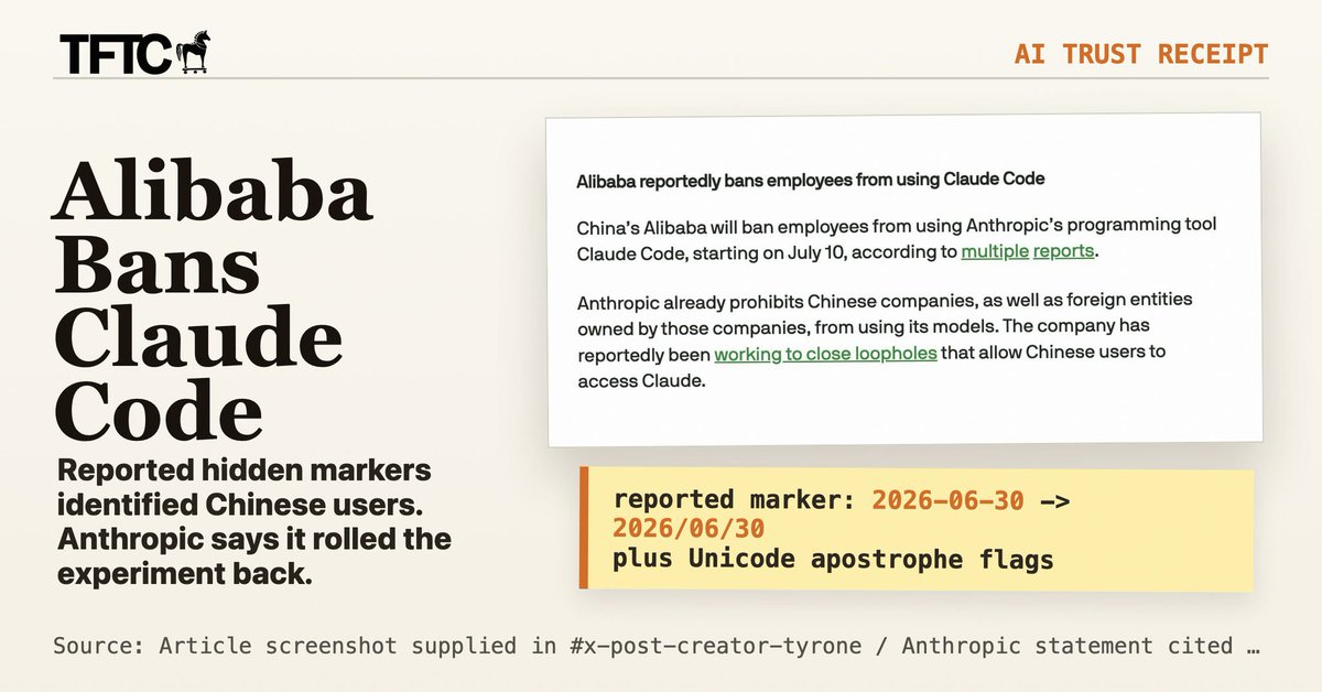 TFTC21's tweet photo. Alibaba is banning employees from using Claude Code starting July 10 after a developer reverse-engineered the tool and found hidden surveillance logic designed to identify Chinese users.

The code had been silently present since April with zero mention in release notes. It checked the user's system timezone for Asia/Shanghai or Asia/Urumqi and compared proxy URLs against a hardcoded list of 147 Chinese domains including Baidu, ByteDance, Alibaba, and dozens of Claude resale services.

The transmission method is what makes this wild. No telemetry field. No separate API call. Claude Code silently altered the system prompt, swapping the date format from 2026-06-30 to 2026/06/30 for Chinese timezones and rotating between visually identical Unicode apostrophes to flag whether it detected a Chinese proxy, AI lab, or both. 

Invisible to the user. Machine-parseable by Anthropic's servers. The code was also XOR-obfuscated to prevent discovery.

Anthropic's Thariq Shihipar called it "an experiment meant to prevent account abuse from unauthorized resellers and protect against distillation" and said it's been rolled back.

The issue isn't whether Anthropic can enforce its TOS. It can. The issue is the method. Claude Code is a coding agent with deep filesystem and shell access. Trust is the product. 

Embedding covert tracking in system prompts and obfuscating the code to hide it is a serious breach of that trust, especially when the checks are trivially bypassable by any sophisticated actor. The people most affected are legitimate developers using a VPN.

Alibaba has now classified Claude Code as high-risk software and is redirecting staff to its own Qoder tool instead.