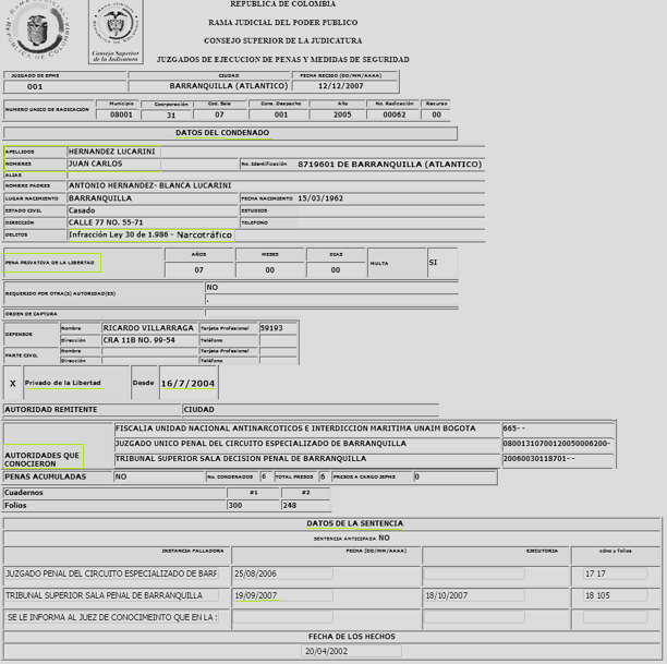 JuanPoe's tweet photo. Prueba contundente que el esposo de Elsa Noguera (Juan Carlos Hernández Lucarini) tiene condena por narcotráfico a 7 años/prisión. Capturado en 2004 y condenado en 2007 por el Tribunal de Barranquilla. Esa es la Min de Transporte de Abelardo de la Espriella que está en el empalme https://t.co/KbD2qcD4jp