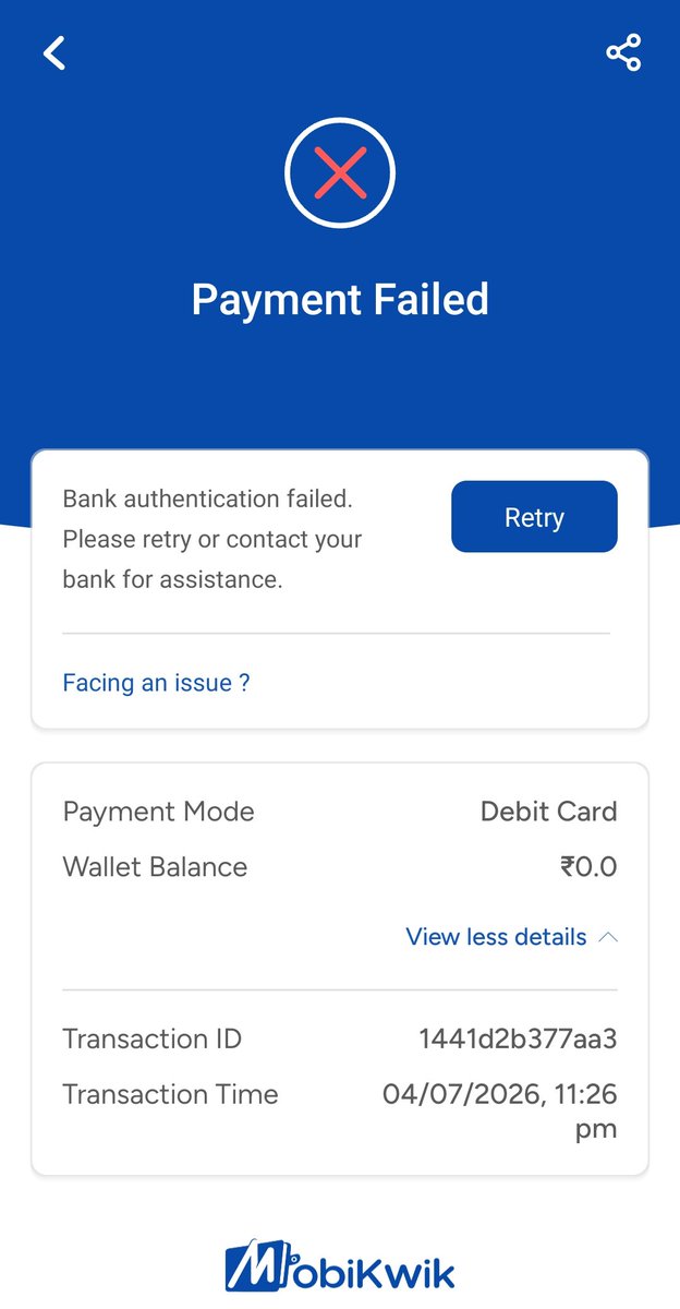 ashivhare1990's tweet photo. I am unable to pay my bill of amount 50K using my rupay select debit card from the MobiKwik app...pls fix it.
@MyIndianBank https://t.co/Z4U5cyAwvm