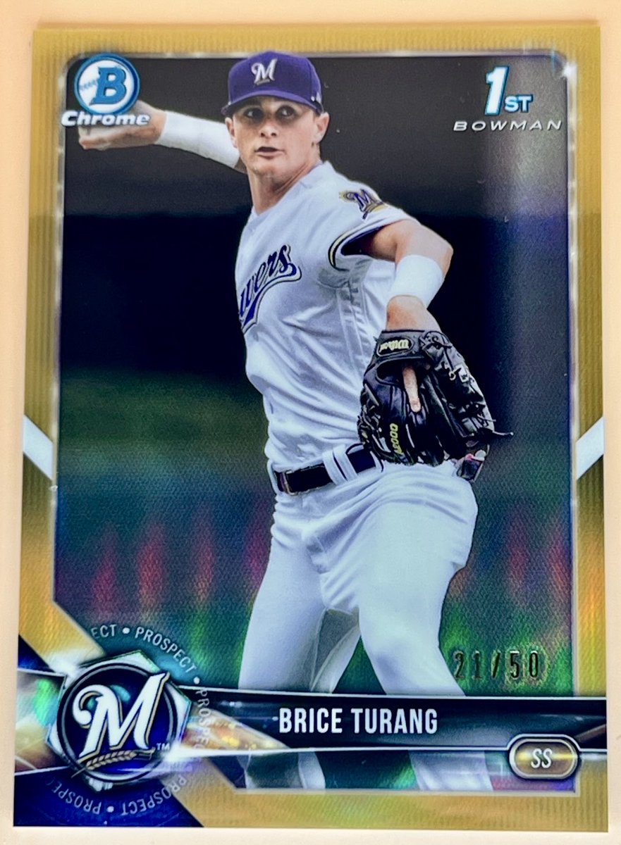 BofaCards's tweet photo. Stack Sale til Sunday - see previous posts - a lot more cards #StackSale 
$5.50 BMWT - exact shipping for Priority
2018 Bowman Chrome Brice Turang Gold Refractor 1st RC /50 -$150
@HobbyRetweet_ @84baseballcards @CodiDaReposter https://t.co/M1Woa4p014