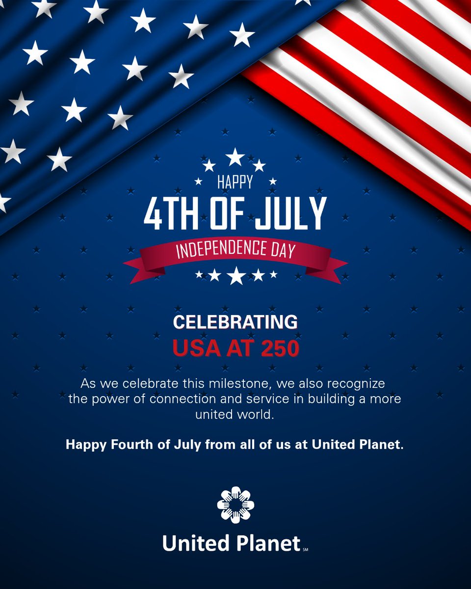 UnitedPlanet's tweet photo. 🇺🇸 Happy Independence Day!

As USA celebrates 250 years, we honor the values of freedom, community, and connection that inspire us to build bridges across cultures.

Wishing everyone a joyful and safe Fourth of July.

#America250 #IndependenceDay #FourthOfJuly https://t.co/vvm9CPK4Hl