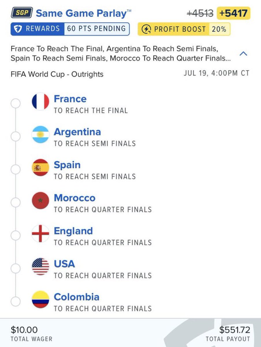 ferdy4lif's tweet photo. $500 up for grabs. 🏆

Let’s cash this World Cup Knockout parlay.

Betslip 🔗 https://t.co/6oRlIfMR9l

This should only be +2500. 👀 https://t.co/TUxpXih9Xr