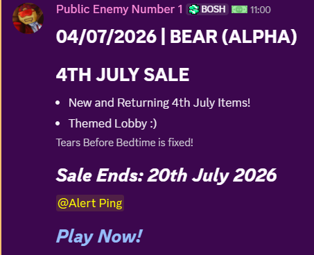 didskengupdate's tweet photo. BEARSTAR NEWS (Alpha)

The 4TH JULY SALE update has released for BEAR (Alpha), adding new and returning items to the shop, alongside a decorated lobby!

The event will end on the 20th of July.

Play Now: https://t.co/3dKuq3Q8SK https://t.co/zFDv0ig3yy