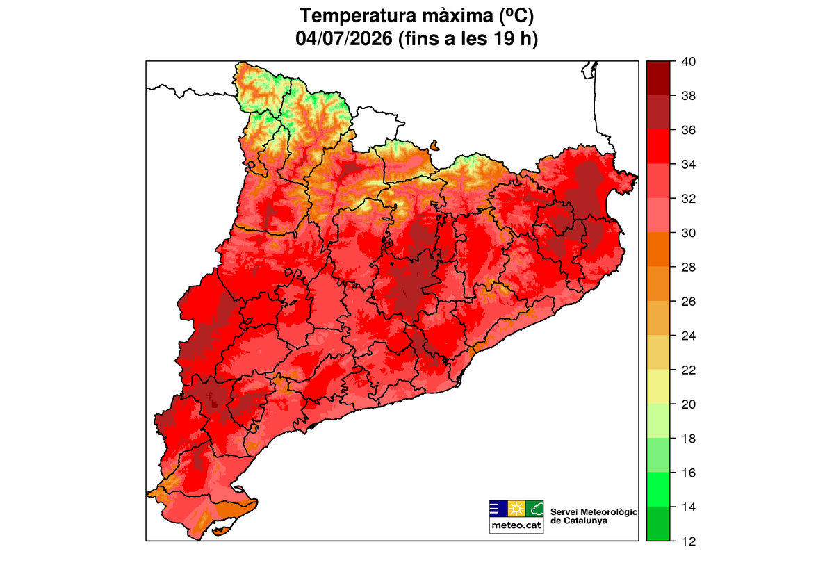 meteocat's tweet photo. 🌡️ La temperatura màxima d'avui dissabte ha canviat poc respecte d'ahir. Amb tot, ha estat lleugerament més baixa al terç sud, resta de Ponent i zones pròximes i lleugerament més alta a la resta del país. 

📍 El registre més elevat: EMA Vinebre (la Ribera d'Ebre), amb 38,2 ºC. https://t.co/PlTaEtsvvZ