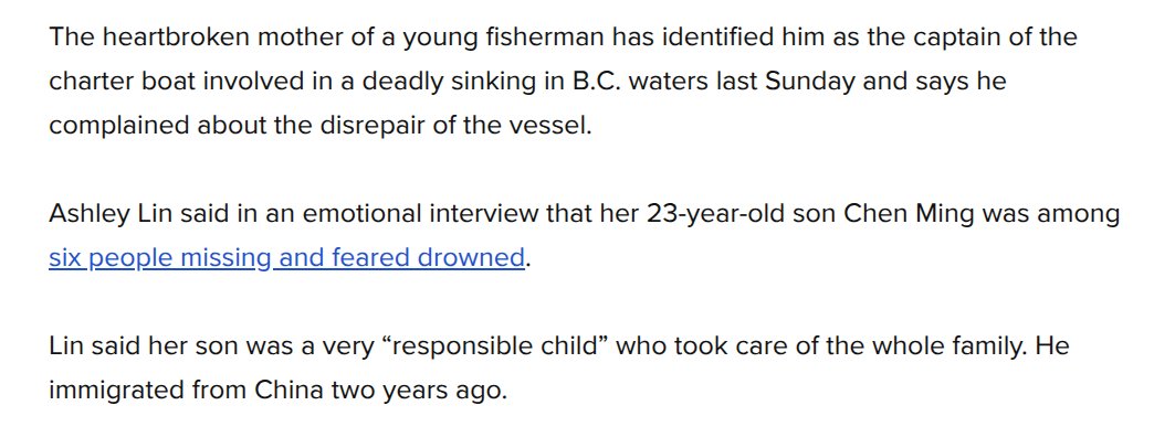 bcbluecon's tweet photo. Holy shit.

The charter boat sinking in Vancouver gets even worse.

Turns out the 'captain' was a 23 year old Chinese immigrant with only 2 years in Canada. 

How could he possibly qualify to be a charter boat captain? https://t.co/v7cF1zG3cC