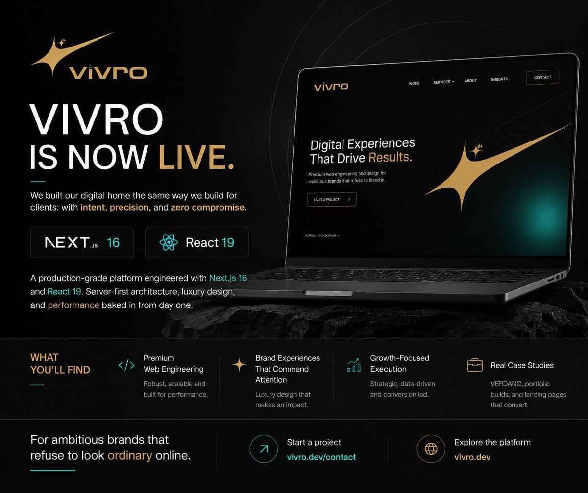 wolf_R00T's tweet photo. I didn't ship a template. I shipped proof of craft.

https://t.co/flp903PYiB — Next.js 16, Server Components, Tailwind v4. Luxury design without sacrificing LCP.

Every layer engineered from scratch.

#BuildInPublic #NextJS #VIVRO https://t.co/IFjgUEjUmE