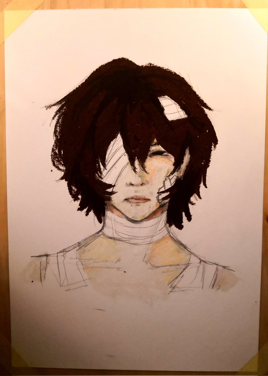 p2qlxw's tweet photo. tried drawing dazai w oil pastels, havent used those in years so it looks lowk chopped https://t.co/cFfEpzOUNm