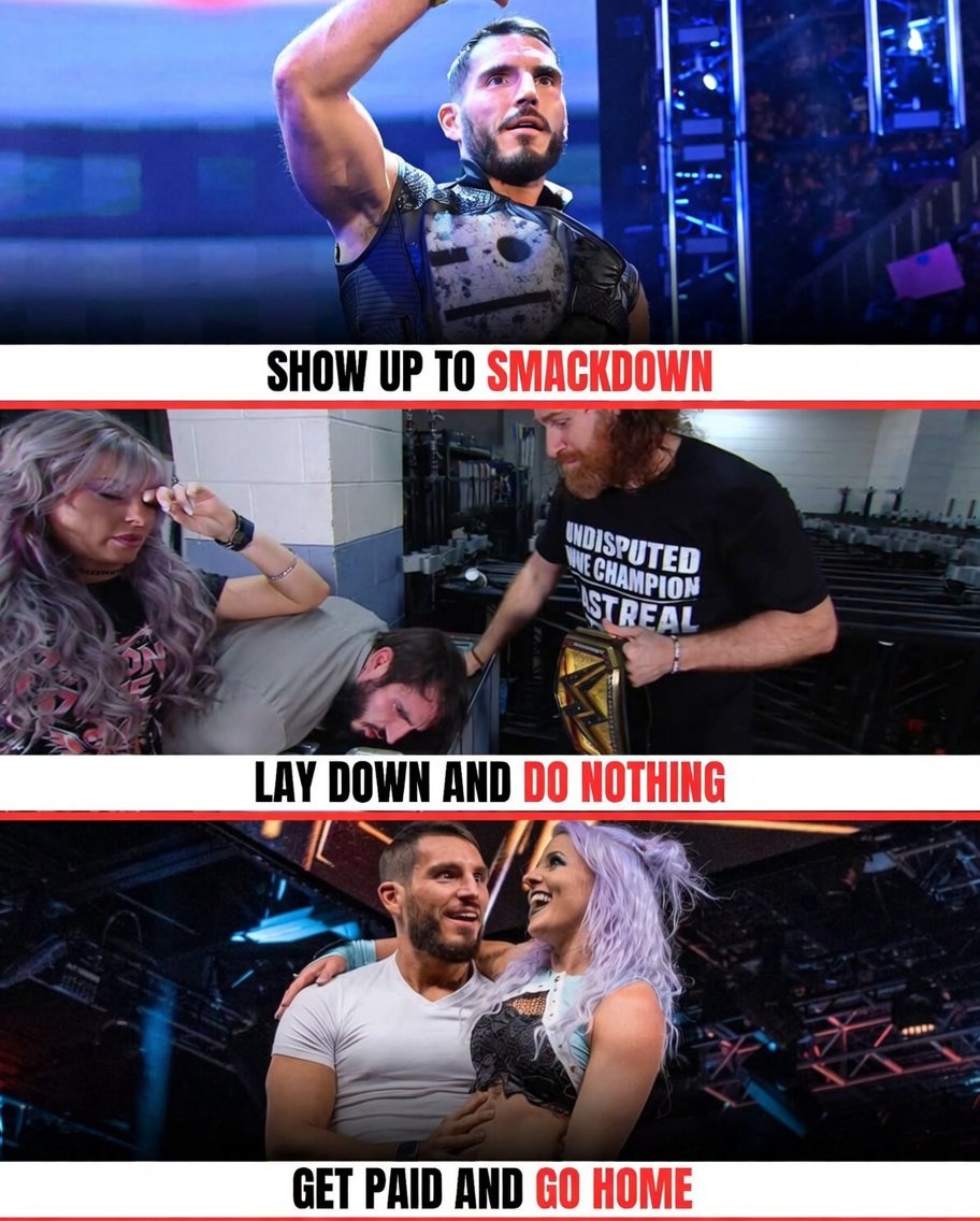 TheSquaredTimes's tweet photo. Johnny Gargano might have the easiest job in WWE right now. 😭

• Shows up to SmackDown. 
• Spends most of the night lying on the mat. 
• Collects the paycheck. 
• Heads home.

Meanwhile, Candice LeRae gets paid to stand there, look disappointed, and roll her eyes at him. 😂

Honestly, they're both living their dream life. 💀
