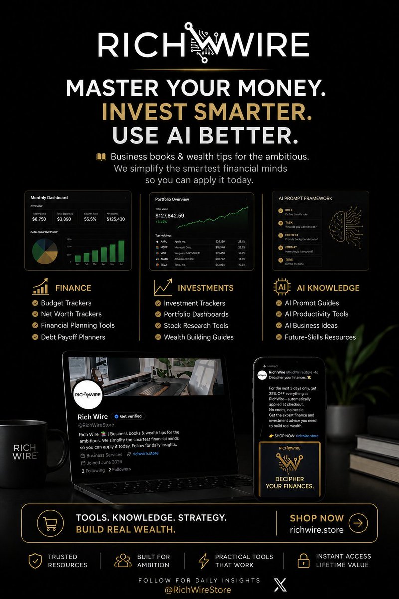 RichWireStore's tweet photo. Better finances. Smarter investing. AI that works.
Build real wealth with RichWire.
🚀 https://t.co/G8wyVv5rn9
.
.
.
#PersonalFinance #AI #Investment #RichWire https://t.co/pnYXgrC0WS