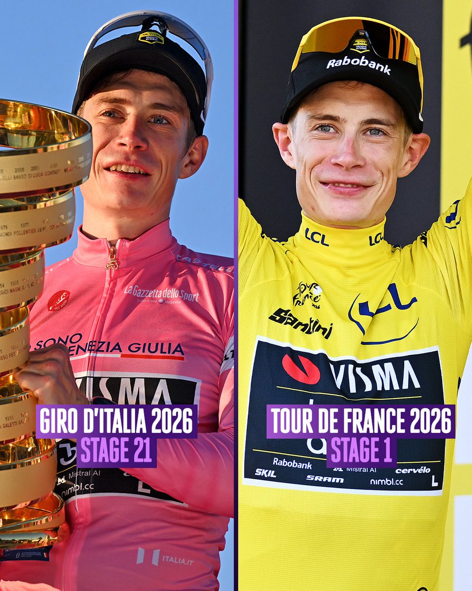 VelonCC's tweet photo. From pink straight into yellow 🩷👉💛

Just 34 days after winning the Giro d'Italia, Jonas Vingegaard pulls on the Maillot Jaune after Stage 1 of the Tour de France on his first race day since claiming the Maglia Rosa.

📸 Getty Images https://t.co/mwstGI7DIU