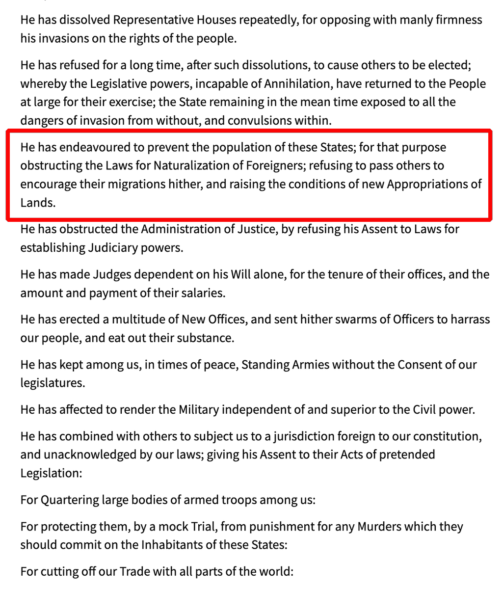 dieworkwear's tweet photo. Not true. In their list of grievances, the Founding Fathers complained that King George III was blocking colonial laws that would promote immigration and make it easier for foreign settlers to become citizens. https://t.co/3tFIaDdxgB