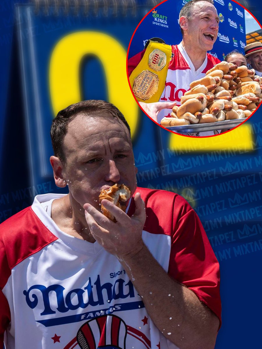 mymixtapez's tweet photo. Joey Chestnut reclaims the Mustard Belt, winning his 18th Hot Dog Eating Contest title after devouring 66 hot dogs in just 10 minutes! 🌭🏆🔥 https://t.co/vFXTr4Gnzv