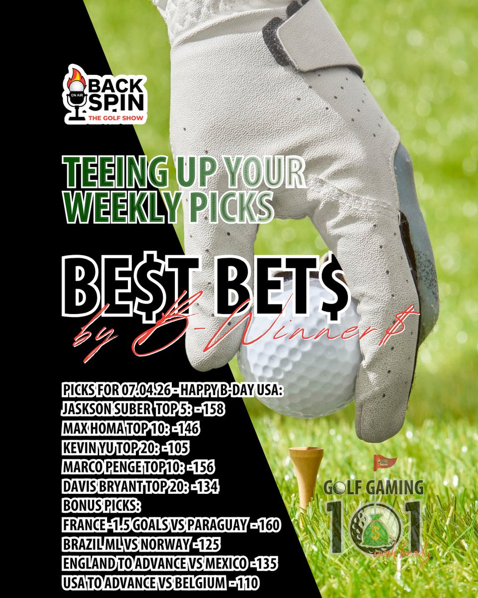 bwilson_coach's tweet photo. Here are my BE$T BET$ for Golf Gaming 101 from @BackspinGolf910 for Saturday, July 4th 🇺🇸!  Make sure you "Opt-In" on @DKSports to get boosts and promos before placing your bets. Going to be a sweat with the H2H bet with @CohensCornerAZ , Poston vs Cole!  C'mon JTP! 
🇫🇷🇧🇷🏴󠁧󠁢󠁥󠁮󠁧󠁿🇺🇸 https://t.co/Yw74RLroh4