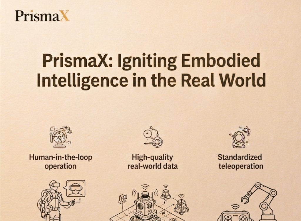 CryptoAlphvt's tweet photo. @PrismaXai connects people with robots in real time.

The future of work starts here.
Better robots need better data.

PrismaX makes data collection easy and valuable.
Human intelligence + Robot power = PrismaX.

Control Learn Improve.That’s the PrismaX cycle.
PrismaX is building the infrastructure for Physical AI.

Operate a real robot today.
Help train tomorrow’s autonomous systems.
PrismaX  Making robots useful in the real world.

Join the Physical AI movement with PrismaX.