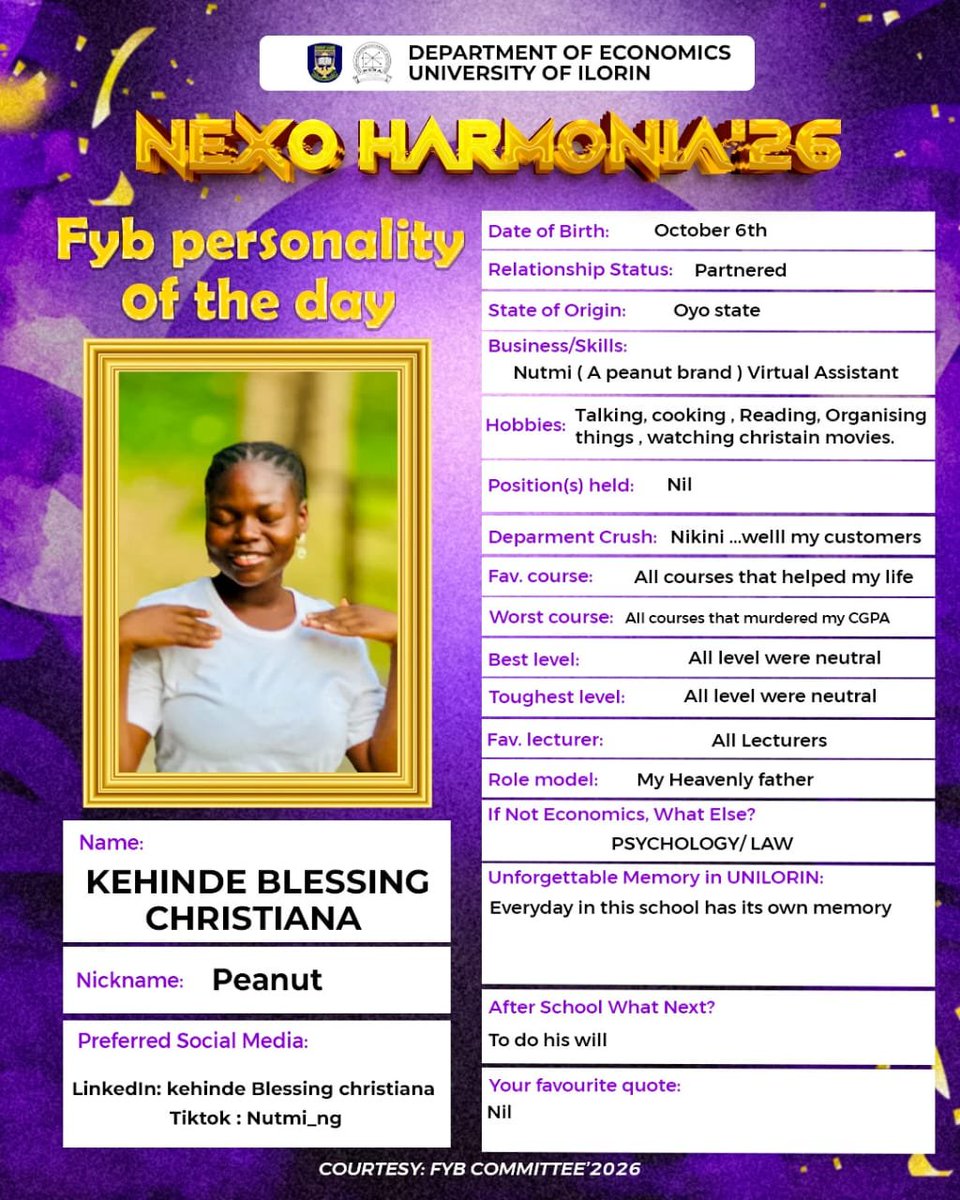 Nexo_harmonia's tweet photo. UNVEILING OUR FINALIST OF THE DAY!

Meet Kehinde Blessing, a remarkable finalist whose journey has truly been inspiring.

Congratulations on making it to the finals! 🥳🎉
Wishing you the very best in your future endeavors. 🤗💫
Cheers to greatness! 🤩🎓 https://t.co/l8altUA03a