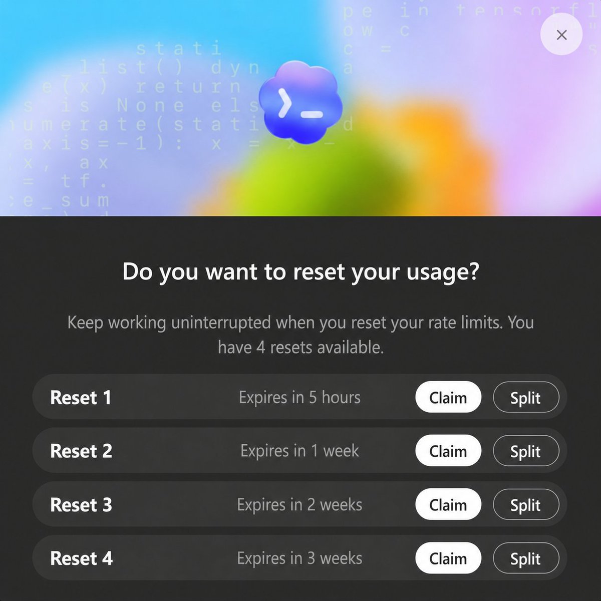 butts136's tweet photo. @thsottiaux It would be really useful to split a reset into 5 or so, equal parts instead of using 100% at once — for example, spending only 20% to refresh the five-hour limit when you just need a small temporary boost. https://t.co/G6eZkkGG5j