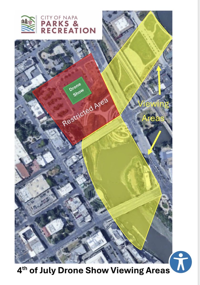 FireBillyBeane's tweet photo. Napa is having a 4th of July drone show tonight. Here’s the published diagram of where. Look at the South “viewing area.” Almost all of it is in the Napa River! Are we supposed to tread water to watch the show? https://t.co/UTJFcUaOEf