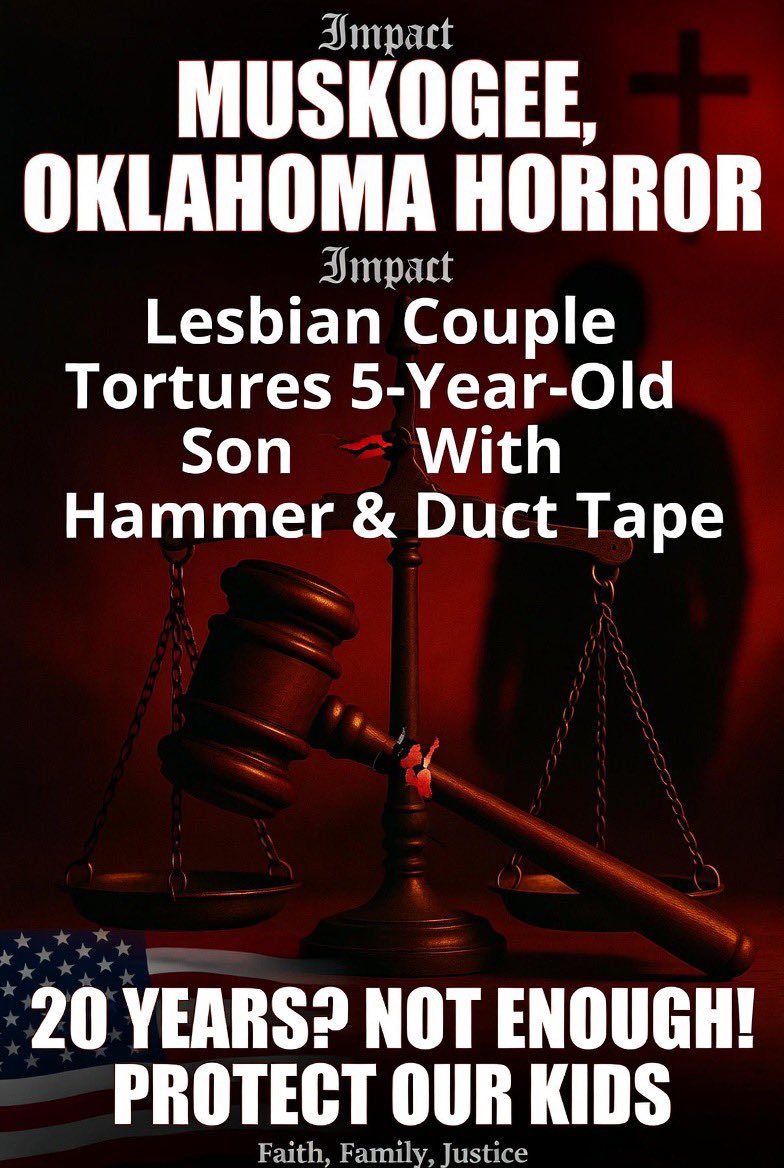 JimBobW49's tweet photo. “Muskogee, Oklahoma Horror: Lesbian Couple Rachel Jean Stevens and Kayla Ann Jones Brutally Torture 5-Year-Old Son with Hammer, Groin Kicks, and Duct Tape — Sentenced to Just 20 Years”

In a shocking case out of Muskogee, Oklahoma, Rachel Jean Stevens and her partner Kayla Ann Jones were sentenced to 20 years in prison for the systematic torture of Stevens’ 5-year-old biological son. The boy endured months of horrific abuse, including being beaten with a belt, struck in the hand with a hammer, kicked so hard in the groin that he bled, and having his eyes duct-taped shut while locked in a room. The abuse was so severe it caused the young child to suffer two strokes, along with malnutrition, broken bones in various stages of healing, and other traumatic injuries. 

Stevens, as the mother, had no business raising children. She treated her own son as a scapegoat — blaming him for every household stress, financial problem, and relationship friction — while her other children were treated as “golden children” and spared the same nightmare. This pattern of evil is all too common when the natural family structure is abandoned.

Thankfully, the brave boy survived after extensive medical care in a local hospital. He and his siblings were removed from the home, taken into protective custody by Oklahoma authorities, and placed in loving permanent adoptive homes where they could finally heal. The court permanently barred Stevens and Jones from any contact with the victims.
This is pure evil — the kind that demands real justice. Twenty years is simply not enough for torturing an innocent child to the brink of death. In a healthy society rooted in faith, family, and traditional values, those who prey on the most vulnerable would face far harsher penalties to truly protect our children and deter monsters.

What do you think? How do we demand better accountability and put innocent kids first?  #ChildAbuse #Oklahoma #Muskogee #ProtectOurKids #FamilyValues #TraditionalFamily #FaithFamilyFreedom #JusticeForChildren #EndChildAbuse #AmericaFirst