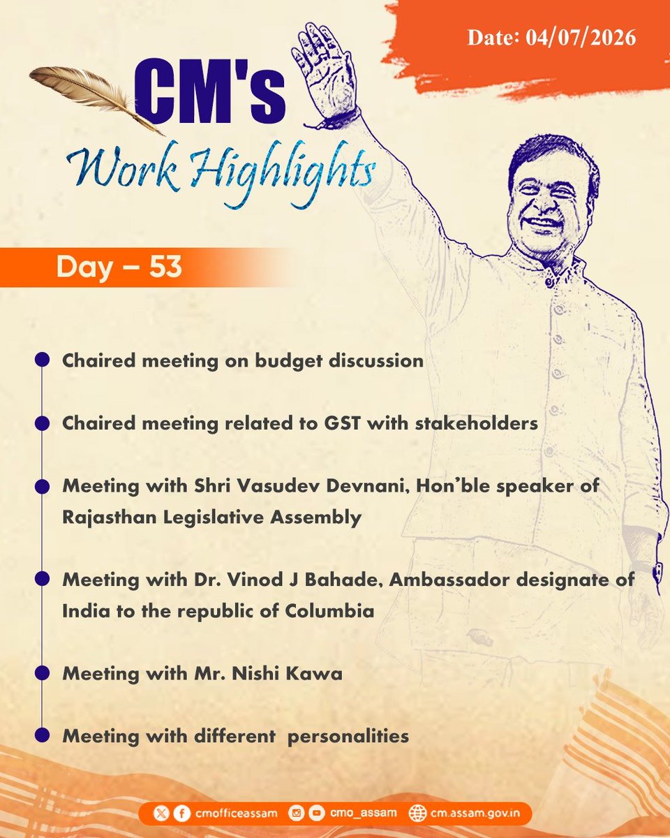 CMOfficeAssam's tweet photo. #CMsWorkHighlights | Day 53
HCM Dr. @himantabiswa today chaired a series of key meetings and held interactions with several distinguished dignitaries, discussing matters related to governance, development, investment and skill development for Assam. https://t.co/FfJnewGbbg