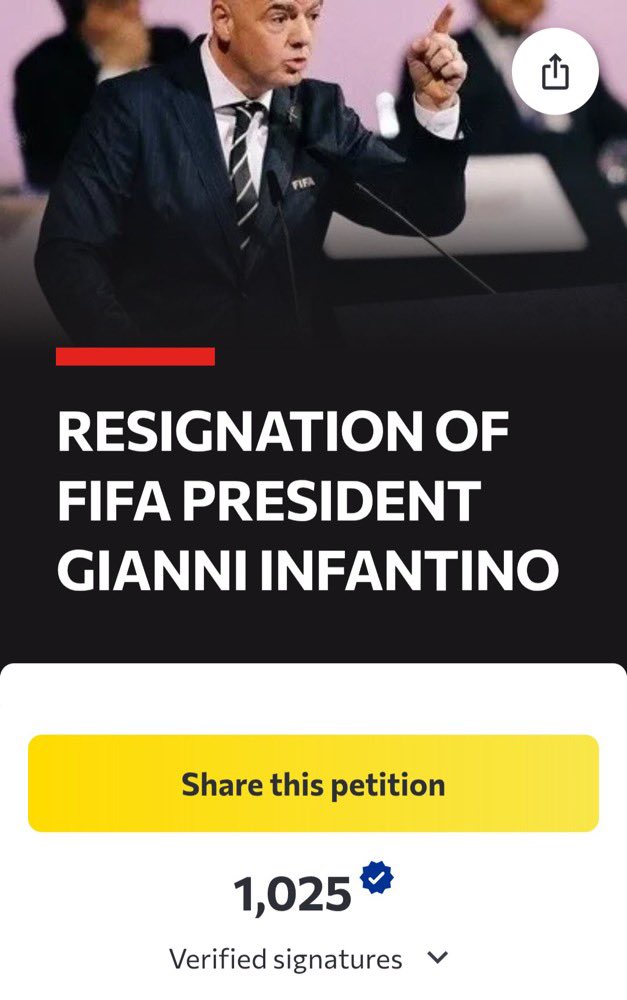 arielipillo's tweet photo. 🚨 | Una petición exigiendo la renuncia de Gianni Infantino a su cargo de Presidente ya ha alcanzado más de 1000 firmas en 1 hora. 😳

ℹ️ Link - https://t.co/JOHP8y2Znt https://t.co/6Oze7HLhLH