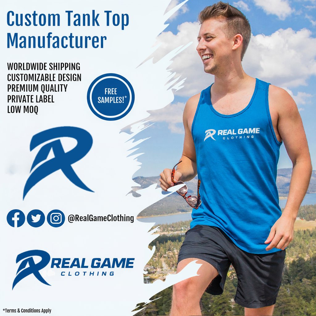 RealGameClothi1's tweet photo. 👕 Customizable Tank Top Manufacturers – Premium Gym &amp; Streetwear Essential 🔥

#CustomTankTops #TankTopManufacturer #GymWear #SportswearManufacturer #RealGameClothing https://t.co/RLtLfPAoI8