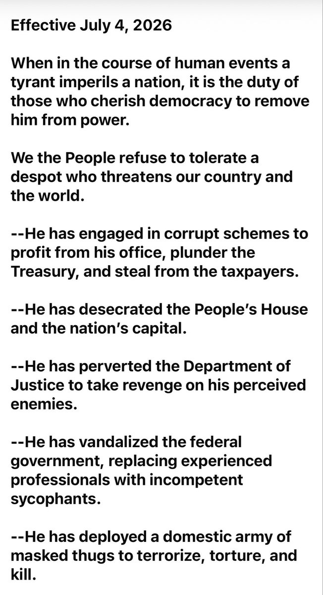 dianeeldredge99's tweet photo. @AZ_Brittney A new Declaration of Independence 🇺🇸💙🇺🇸
July 4th 2026
Protect and defend America from all enemies…
Foreign and DOMESTIC!
#RemoveTrumpNow https://t.co/BAtH3HgnhE