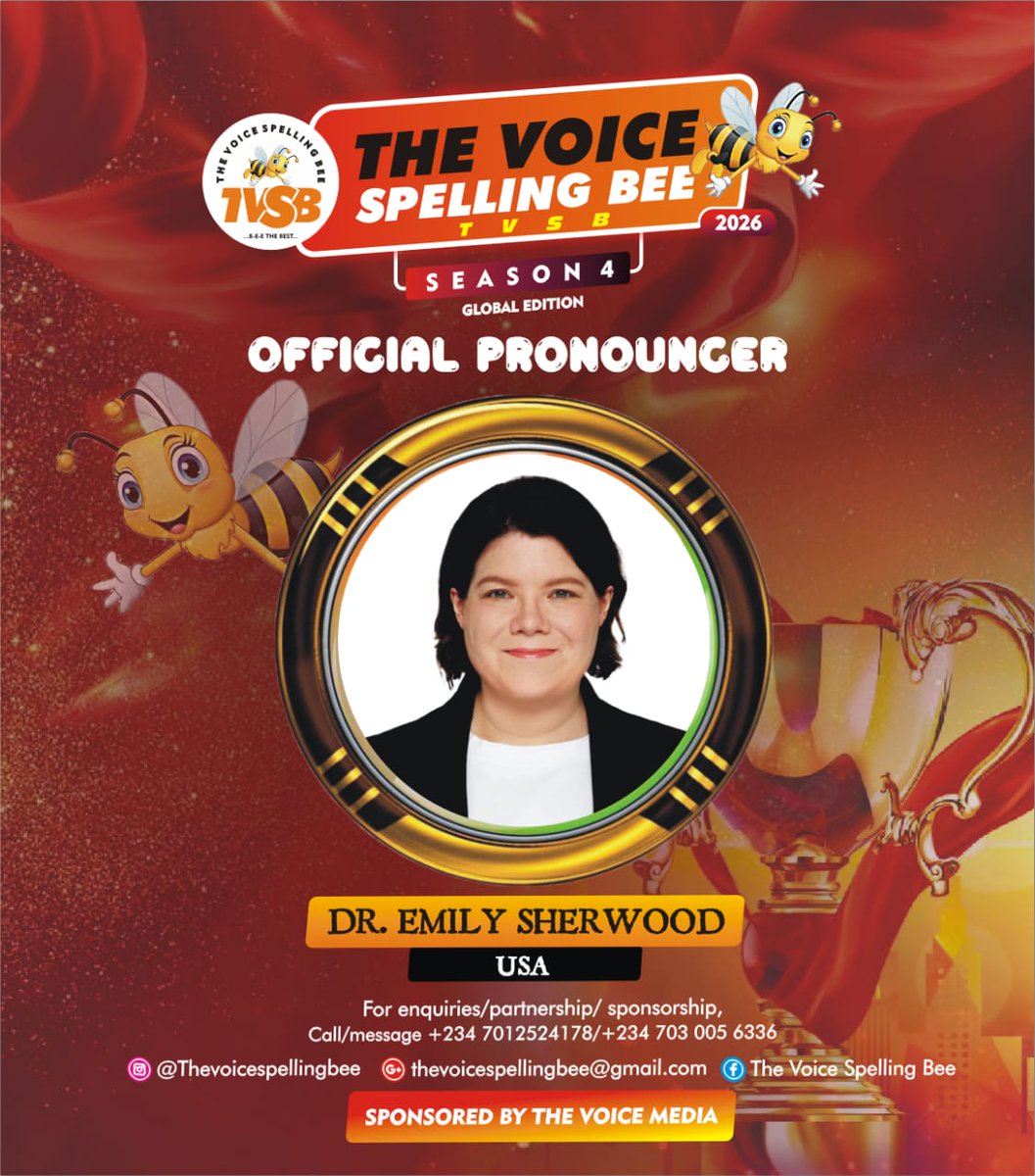 thevoicebee's tweet photo. UNVEILING TVSB SEASON 4 PRONOUNCERS

Dr. Emily Sherwood from United States of America is one of the official pronouncers for The Voice Spelling Bee Season 4. https://t.co/VkssLNMNe5