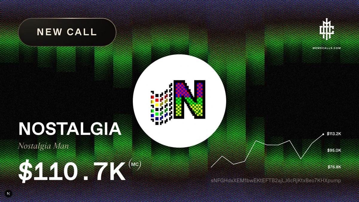 MemeCallsCom's tweet photo. βοΈ NEW CALL β $NOSTALGIA (Nostalgia Man)
π Caller: @blindapee on Telegram β Rank #204 Β· 109 calls Β· 28% win rate
π https://t.co/UCFQPfaj9x
ποΈ Buy $NOSTALGIA β https://t.co/5mELBlHCIs
CA: sNFGHdxXEM1bwEKtEFTB2ajLJ6cRjKtxBeo7KHXpump
$NOSTALGIA #NOSTALGIA #MEMECALLS #DCDNT https://t.co/jvxYq4NwTc