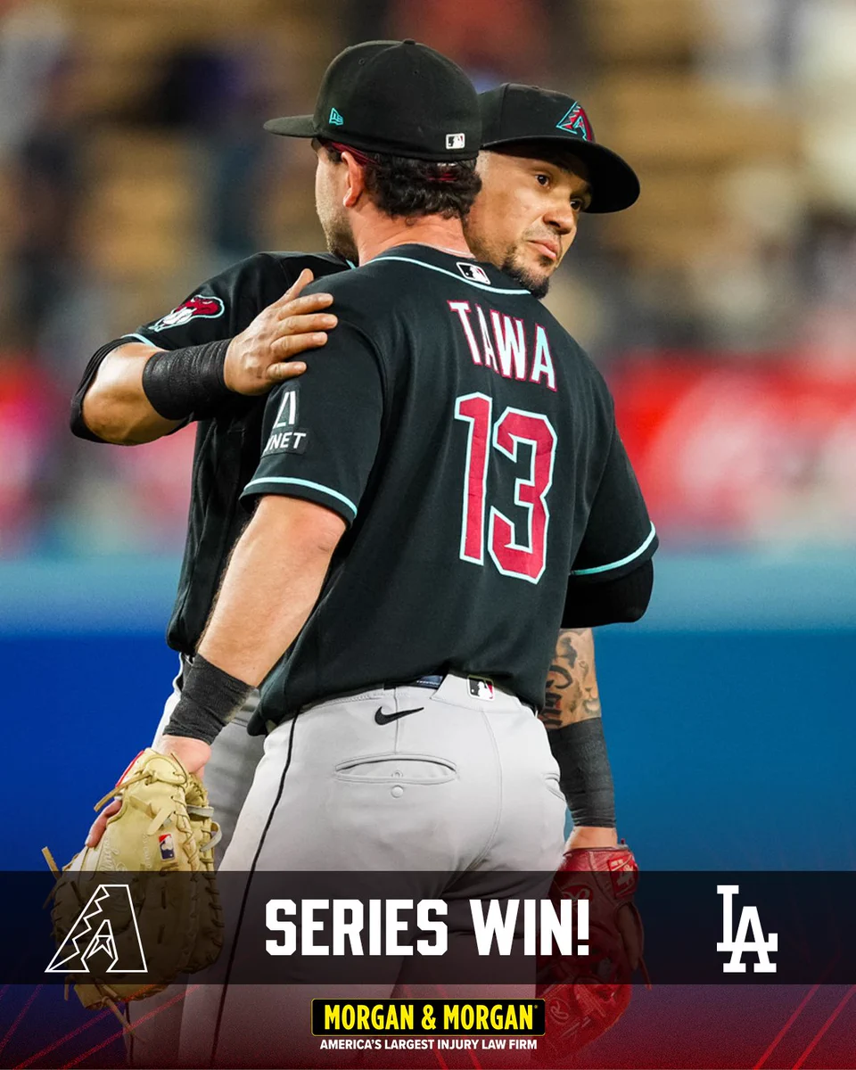 Series Win!

Diamondbacks (logo) | Dodgers (logo)

The graphic includes an image of Tim Tawa and Ildemaro Vargas hugging after beating the Dodgers. They're wearing black Diamondbacks jersey, grey baseball pants, and black caps.

Morgan & Morgan (logo)