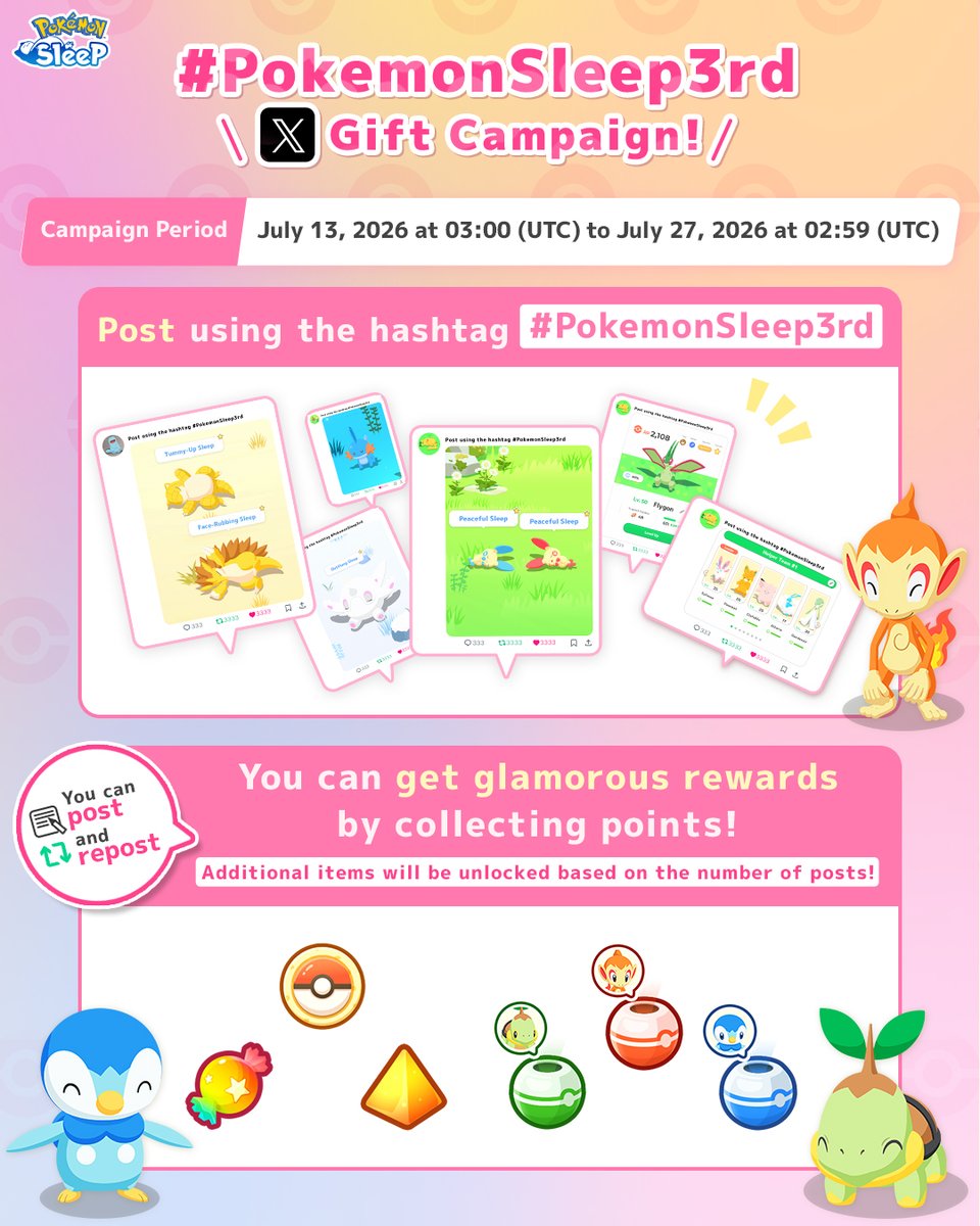 PokemonSleep's tweet photo. ／
#PokemonSleep3rd Anniversary
X Gift Campaign
＼

Share your favorite Pokémon Sleep moments and earn points!

You can get glamorous rewards by collecting points! ✨

👇Join the campaign from the special site below!
https://t.co/ubX3upmQym

Ends: July 27 2:59 UTC https://t.co/xYKgisGZqG
