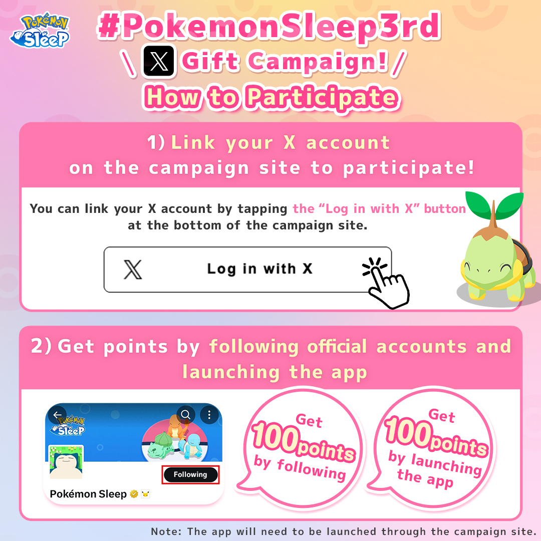 PokemonSleep's tweet photo. How to Participate! 👇

① Link your X account on the campaign site

② Get points by following official accounts and launching the app

③ Post and repost posts using #PokemonSleep3rd

④ Launch or install the app from the campaign site

You can participate daily to get rewards! https://t.co/VKQANGE7MO