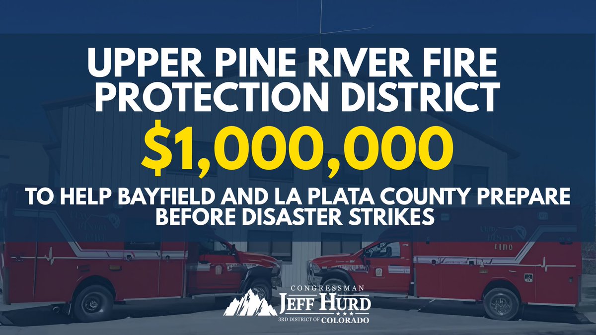 RepJeffHurd's tweet photo. During this difficult #CO03 wildfire season, one thing has become even clearer: communities need places where people can gather, receive information, and access essential services during an emergency. 

That’s one reason I worked to secure $1 million for the Upper Pine River Fire Protection District to build a new community room in Bayfield. The space will serve as an emergency shelter, public meeting space, pop-up health clinic, and community resource during disasters and throughout the year.

Strong communities prepare before disaster strikes. This investment will help ensure families across southwestern Colorado have a safe, reliable place to turn when they need it most. #LaPlataCounty @UpperPineFire