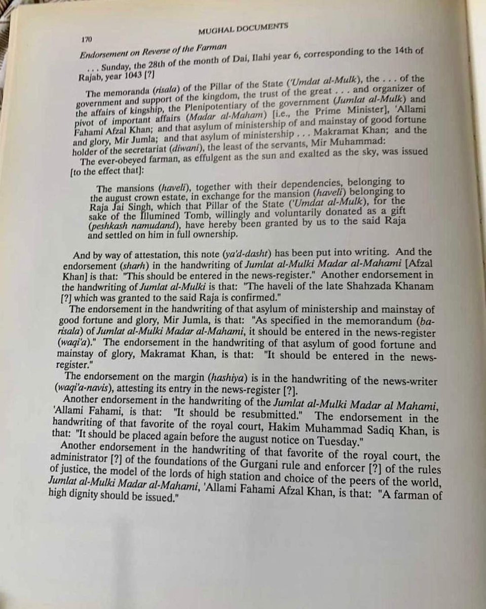 Rustum_0's tweet photo. The land on which Taj Mahal is built was owned by Jai Singh (a vassal prince), and it was legally purchased by Emperor Shah Jahan.

Jai was given multiple estates in return for his haveli (mansion), which was demolished to construct "rauza-e munawwara" [Taj].

Question is, if there were idols in Jai Singh's haveli, why didn't he remove them? Surely, a learned Hindu like Jai Singh would have removed any idols before handing the property over to the Muslim Emperor.

And if Jai Singh intentionally chose to hand those idols over to Muslims [known to be iconoclasts], what is wrong with the Muslim owner deciding to remove or dispose of them from his own property?

If, as Vishnu Jain claims (false claim, but we'll entertain it), the idols were perfectly preserved, then that suggests only one thing - the Hindu community should pay rent to the waqf for having those idols kept safely on its property.

That said, whether idols were present or not is ultimately irrelevant. The Taj Mahal remains a legally Muslim heritage.

And if any idols are indeed found there, the Hindu community should first clear the arrears of rent and remove them.