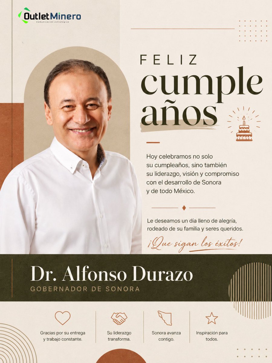 Outletminero's tweet photo. Con motivo de su cumpleaños, extendemos una felicitación al gobernador de Sonora, Alfonso Durazo @AlfonsoDurazo . Que este nuevo año esté lleno de salud, bienestar y nuevos éxitos. ¡Feliz cumpleaños! 🎂 https://t.co/5FT6MZTuXQ