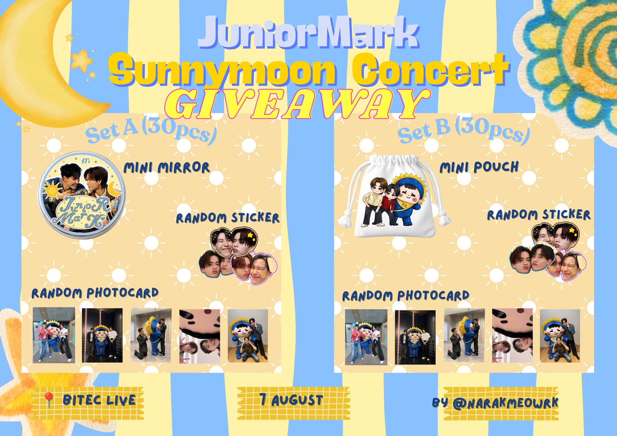 narakmeowrk's tweet photo. 💛💙 Help RT 💛💙

JuniorMark Sunnymoon Concert Giveaway!!☀️🌙

- Set A (mini mirror, 1 random sticker, 1 random photocard) 30ea
- Set B (mini pouch, 1 random sticker, 1 random photocard) 30ea

📍BITEC Live
🗓️ 7 August
⏰ TBA

✉️ dm for exchange

เพียงแสดงทวีตนี้ ก็สามารถรับได้เลย!🥰
#JuniorMarkConcert #juniormark #junniorrs #markjrtn