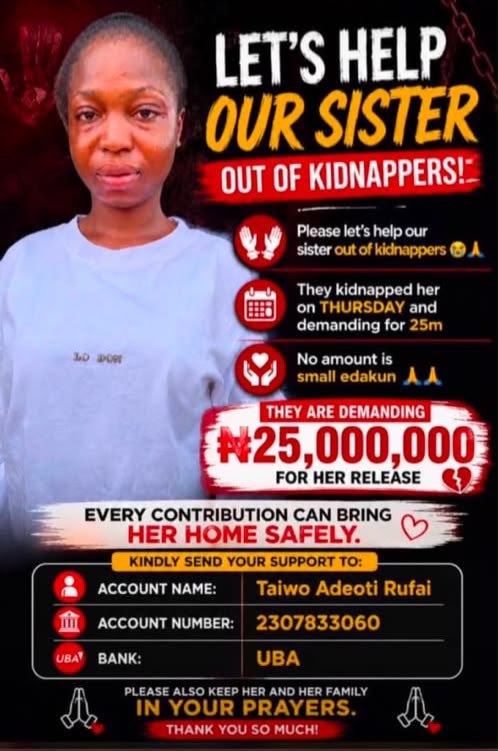 the_estar_'s tweet photo. I never thought I’d have to make a post like this.

Someone I know was recently kidnapped in Abeokuta around Kobape. 
Please, if you’re able to help in any way, kindly donate whatever you can. 
If you can’t, a repost would mean a lot and could help this reach more people.
I’m really  tired of everything happening in this country💔
I’m tired💔