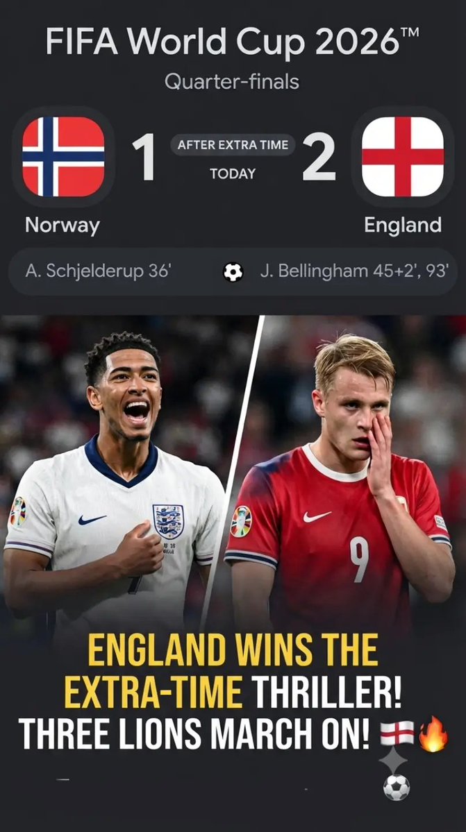 worldcupcntral's tweet photo. 🇳🇴  1-2 🏴󠁧󠁢󠁥󠁮󠁧󠁿
​ENGLAND IS THROUGH TO THE SEMI-FINALS! 🦁
​What an unbelievable Quarter-Final. Norway took the lead, but the Three Lions showed incredible character to equalize and win it in extra time.

​#FIFAWorldCup #ENGvNOR #WorldCup #England #Norway #Bellingham https://t.co/lUmGXVcD0Z